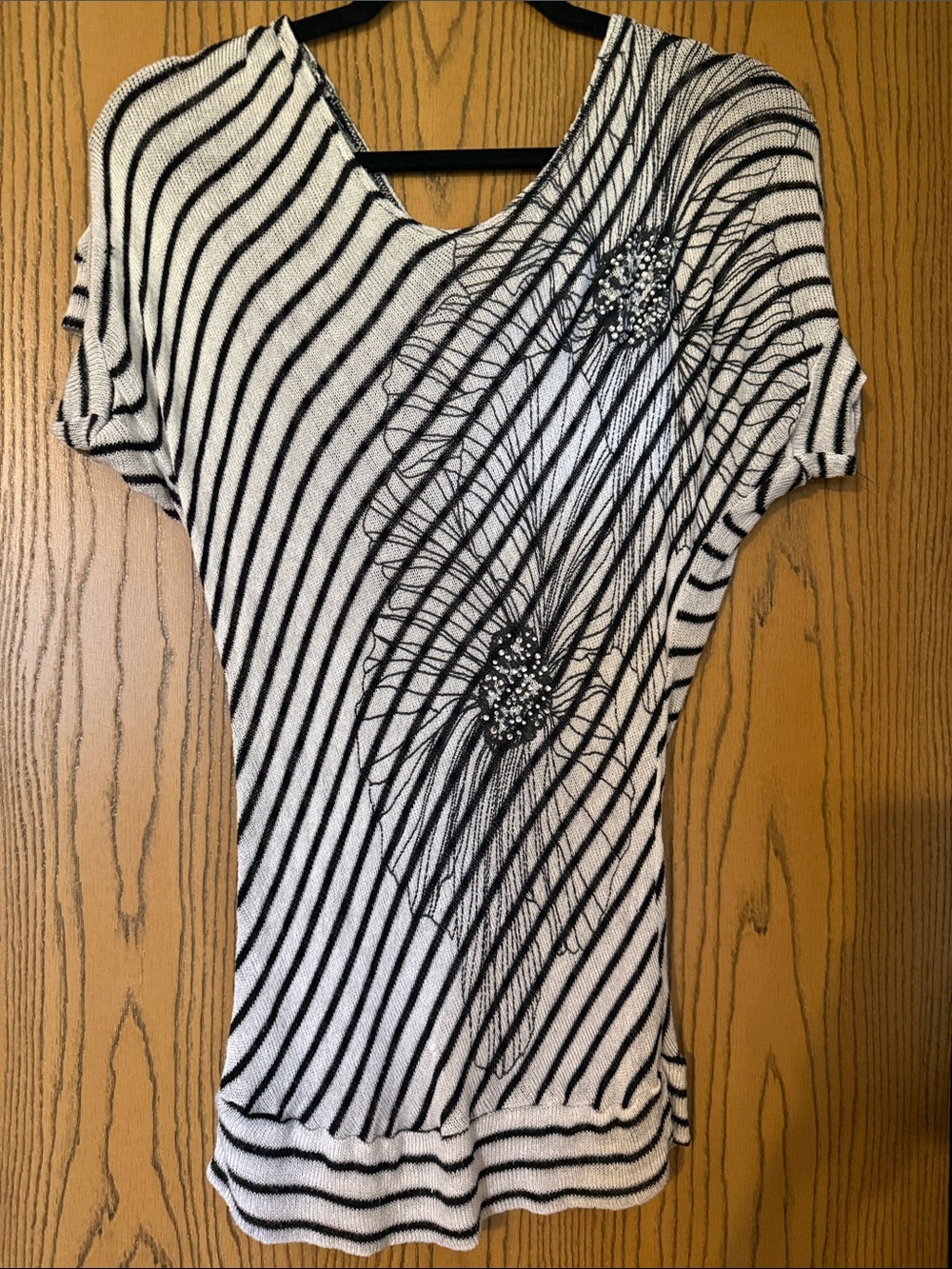 Body Central Black & White Striped Short Sleeve Top‎ with Beaded Floral Accent